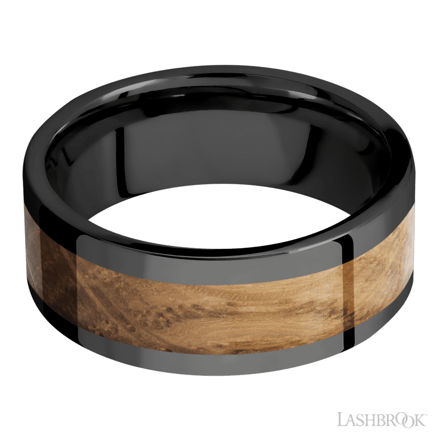 8 mm wide/Flat/Zirconium band with one 5 mm Centered inlay of Whiskey Barrel. view 3