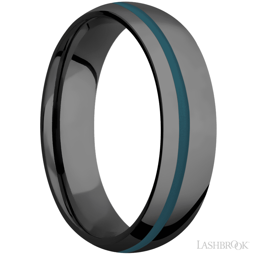6 mm wide/Domed/Zirconium band with one 1 mm Off Center inlay of Ridgeway Blue. view 2