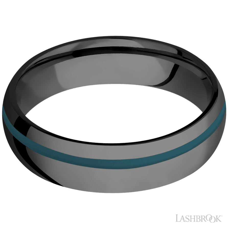 6 mm wide/Domed/Zirconium band with one 1 mm Off Center inlay of Ridgeway Blue. view 3