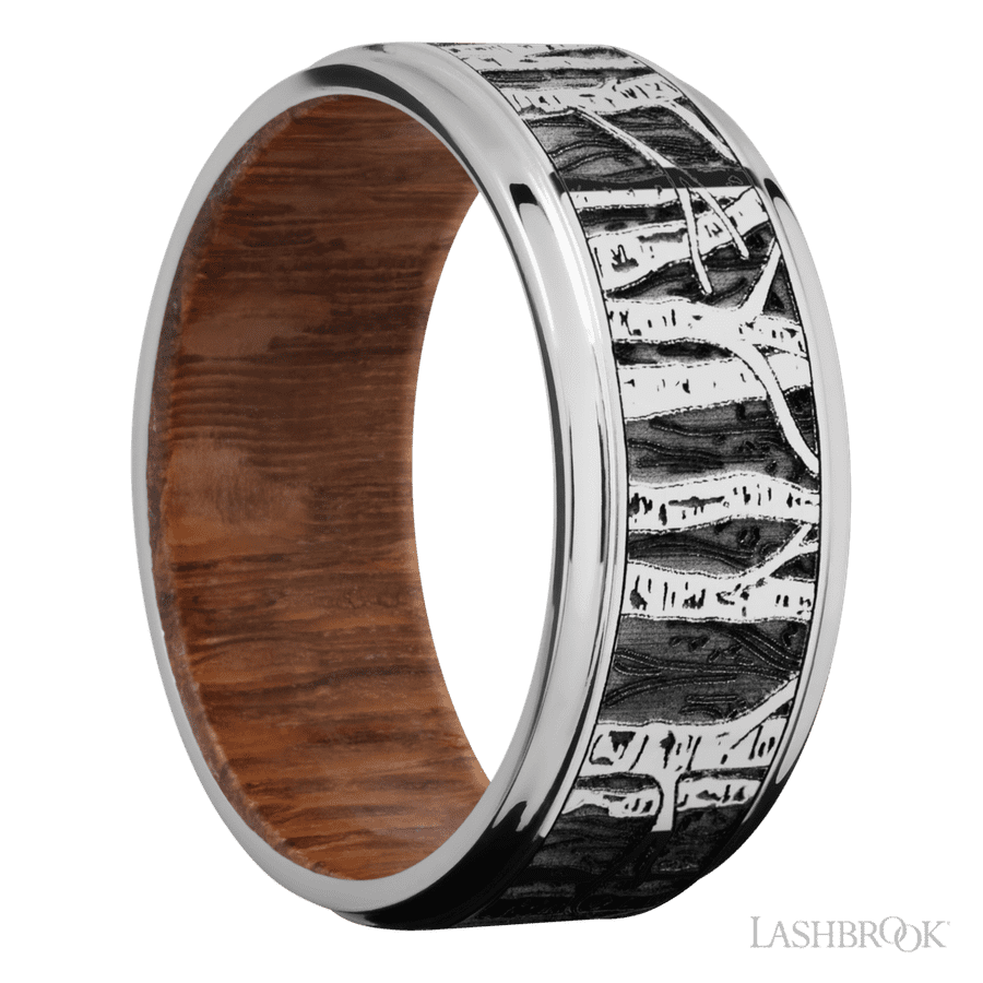 9 mm wide/Flat Grooved Edges/Cobalt Chrome band with a laser carved Aspen pattern also featuring a Leopard Wood sleeve. view 2