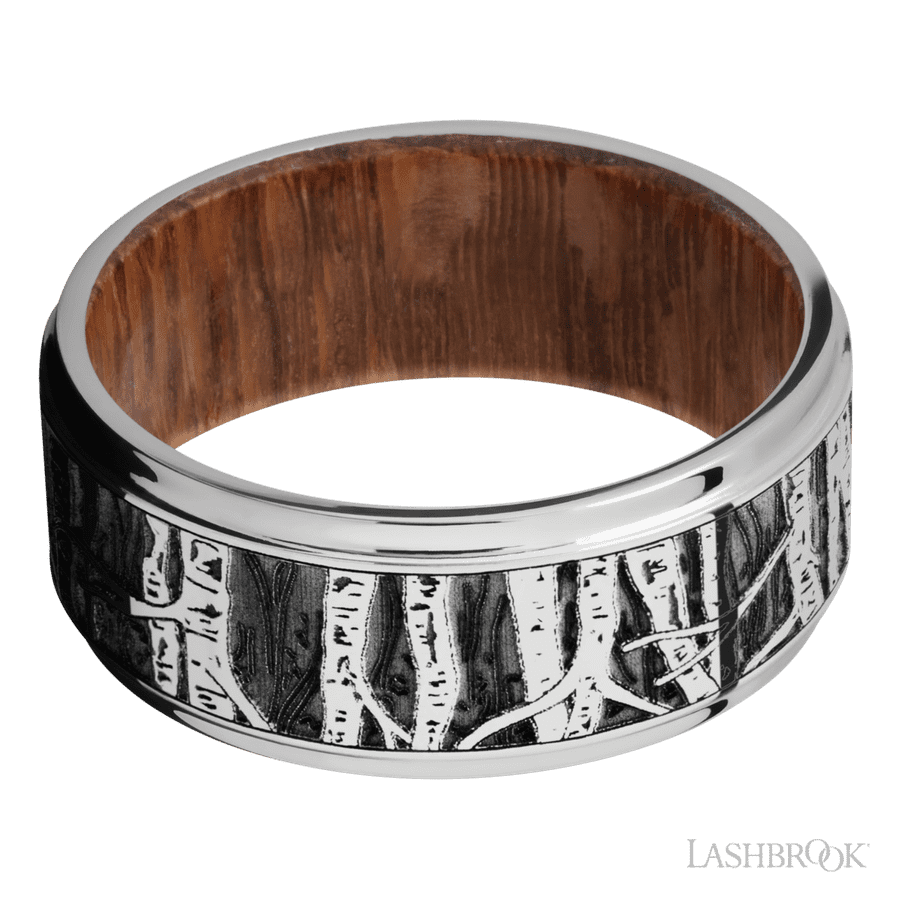 9 mm wide/Flat Grooved Edges/Cobalt Chrome band with a laser carved Aspen pattern also featuring a Leopard Wood sleeve. view 3