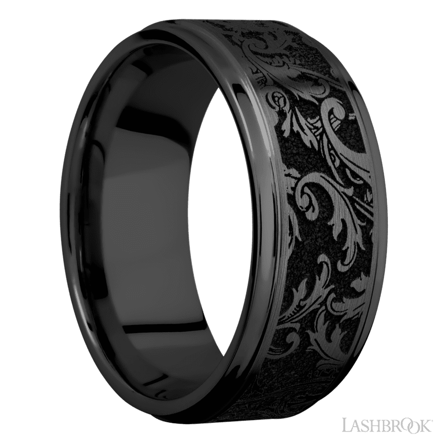 9 mm wide/Flat Grooved Edges/Zirconium band with a laser carved Black Leaf pattern. view 2