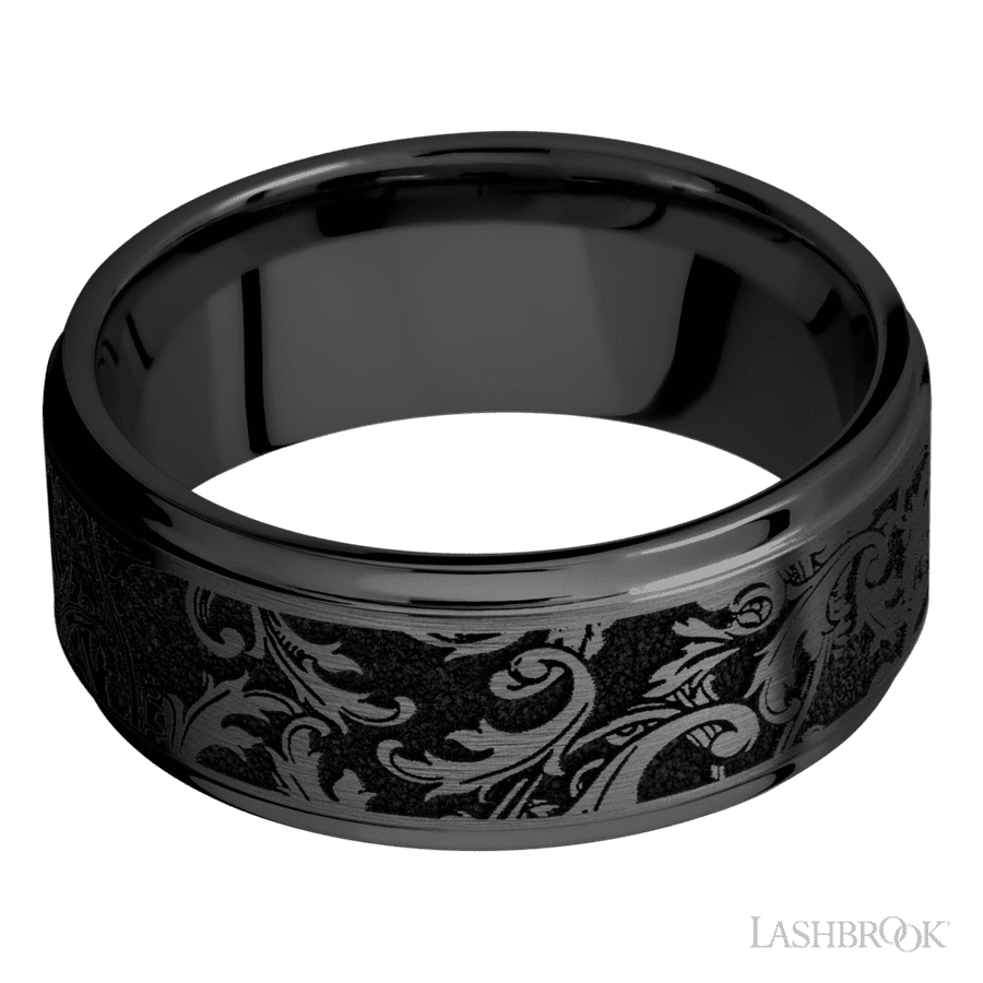 9 mm wide/Flat Grooved Edges/Zirconium band with a laser carved Black Leaf pattern. view 3