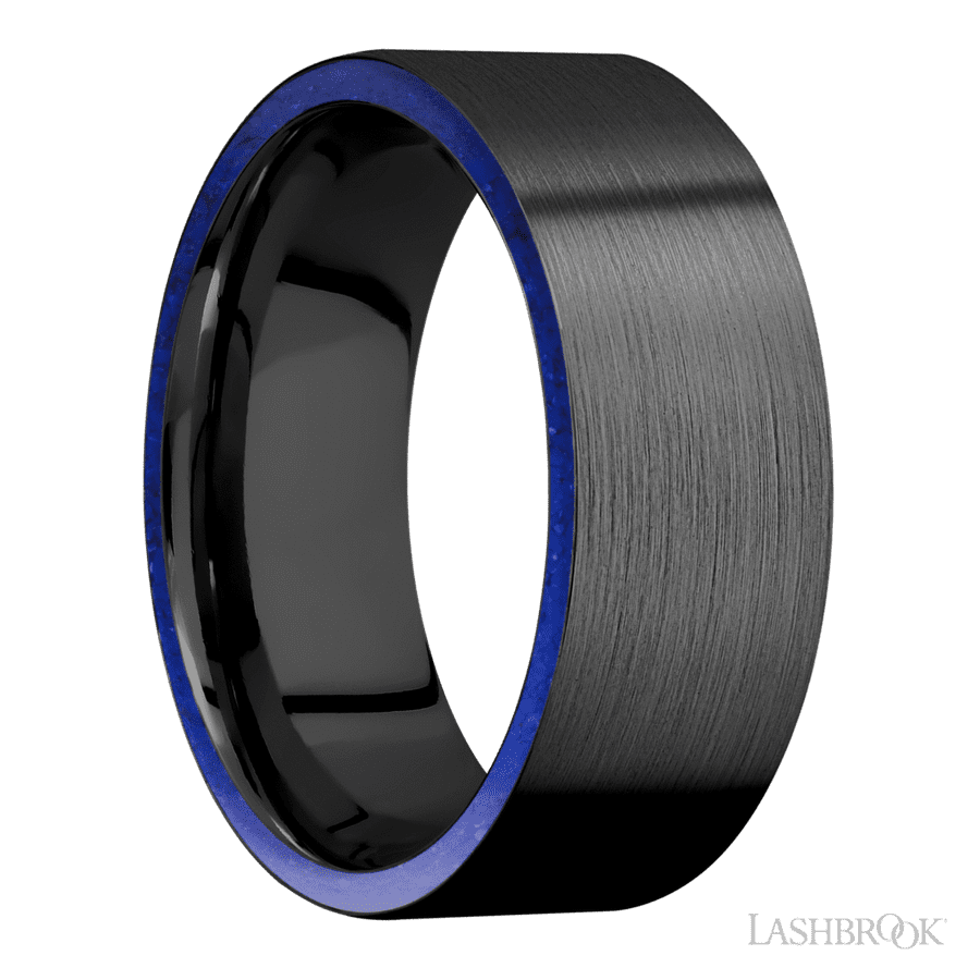8 mm wide/Flat/Zirconium band with two 1 mm Side inlays of Lapis. view 2