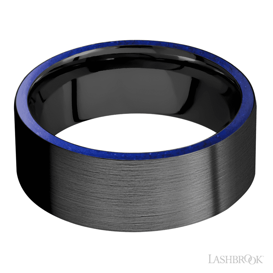 8 mm wide/Flat/Zirconium band with two 1 mm Side inlays of Lapis. view 3
