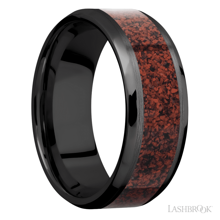 8 mm wide/Beveled/Zirconium band with one 5 mm Centered inlay of Dinosaur Bone Red. view 2