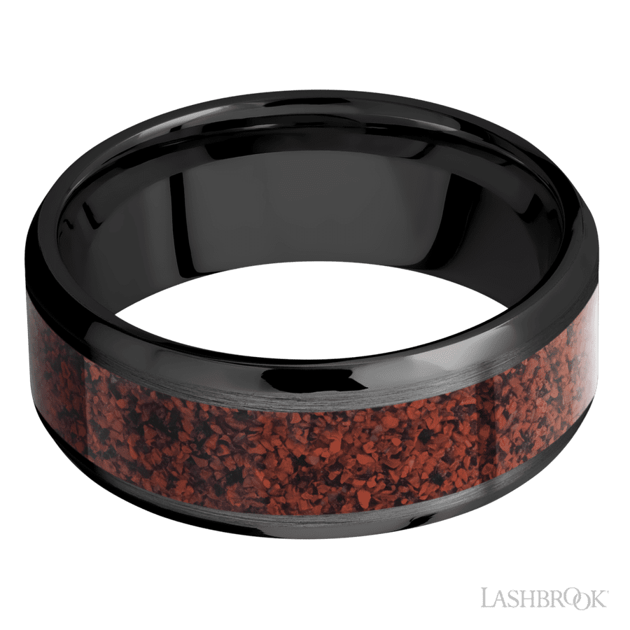8 mm wide/Beveled/Zirconium band with one 5 mm Centered inlay of Dinosaur Bone Red. view 3