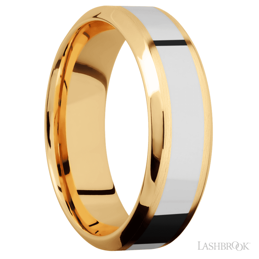 7 mm wide/High Bevel/14K Yellow Gold band with one 3 mm Centered inlay of 14K White Gold. view 2