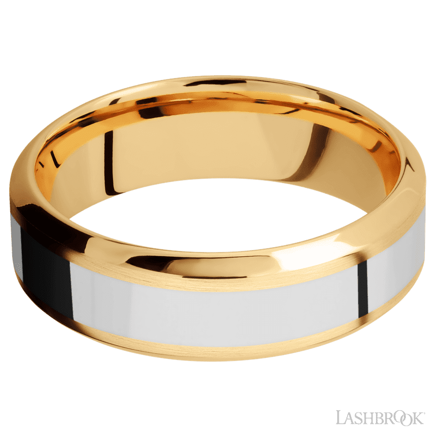 7 mm wide/High Bevel/14K Yellow Gold band with one 3 mm Centered inlay of 14K White Gold. view 3