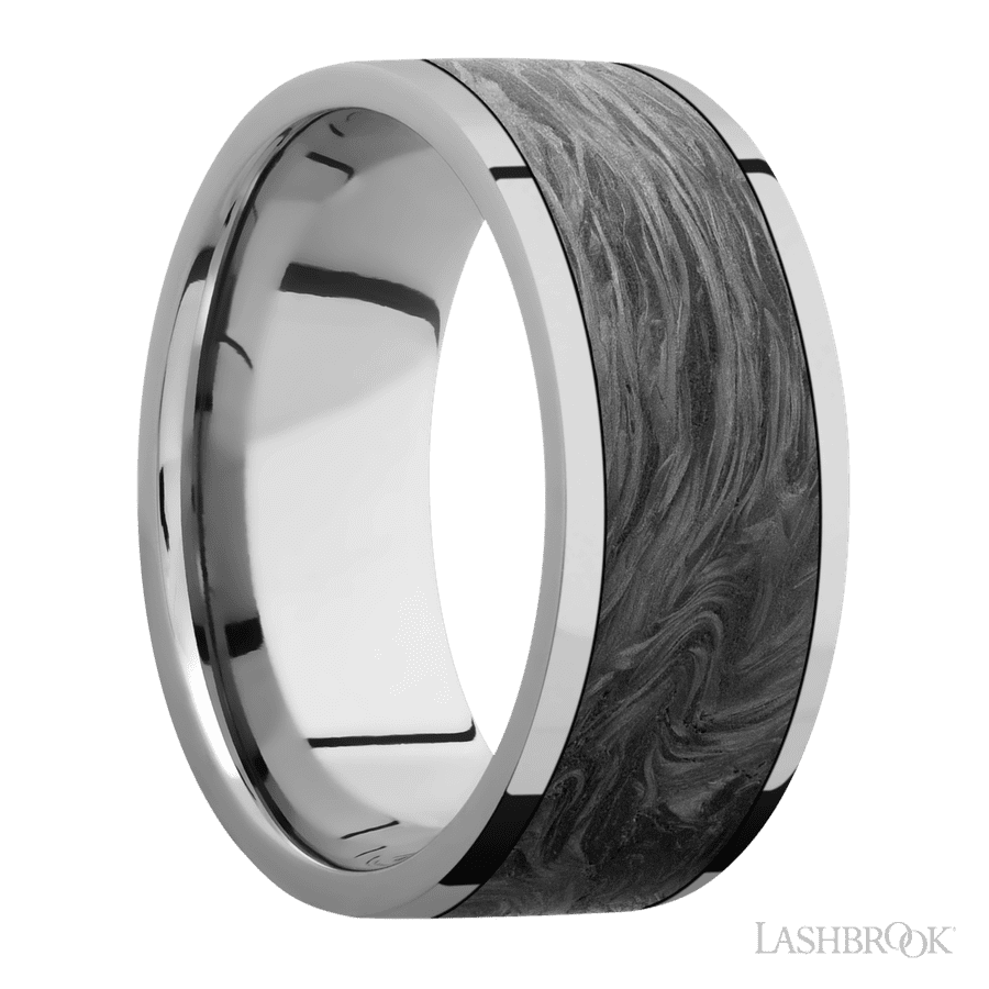 9 mm wide/Flat/Titanium band with one 7 mm Centered inlay of Forged Carbon Fiber. view 2