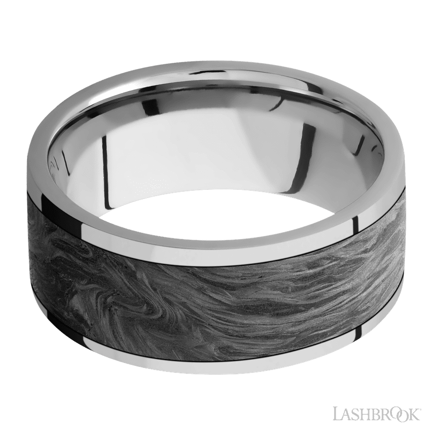 9 mm wide/Flat/Titanium band with one 7 mm Centered inlay of Forged Carbon Fiber. view 3