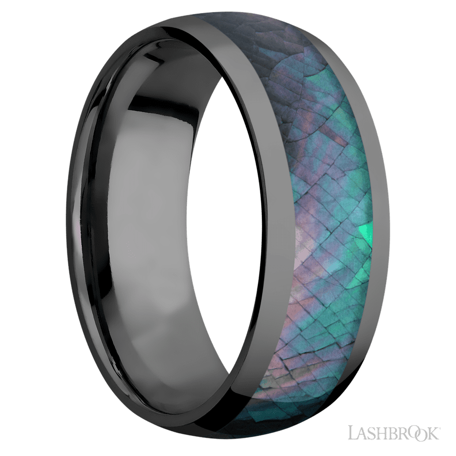 8 mm wide/Domed/Zirconium band with one 5 mm Centered inlay of Black Mother of Pearl. view 2