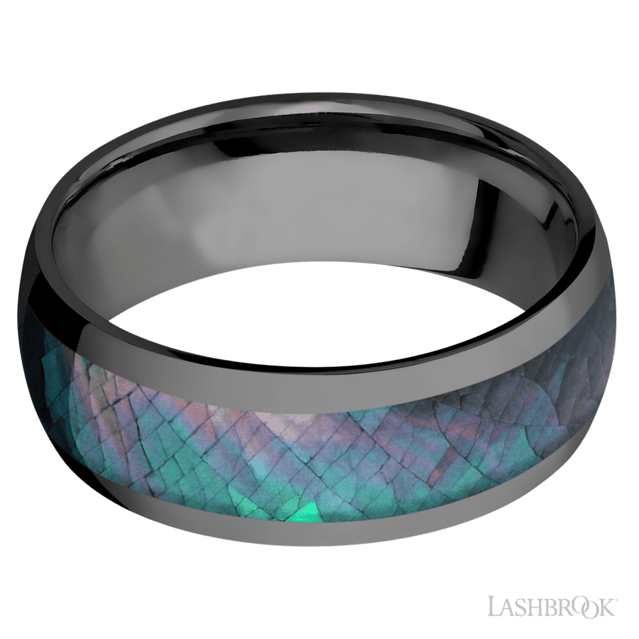 8 mm wide/Domed/Zirconium band with one 5 mm Centered inlay of Black Mother of Pearl. view 3