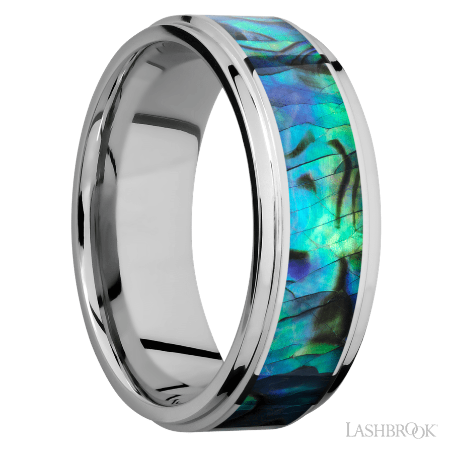 8 mm wide/Flat Grooved Edges/Cobalt Chrome band with one 5 mm Centered inlay of Abalone. view 2