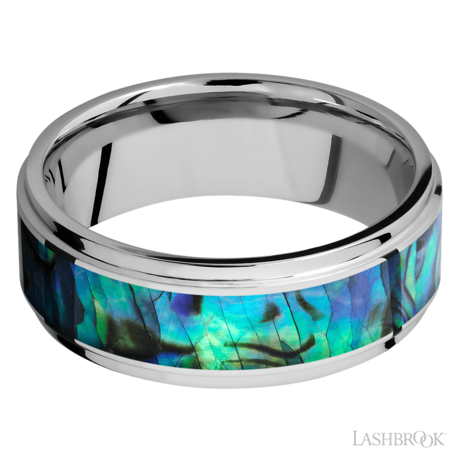 8 mm wide/Flat Grooved Edges/Cobalt Chrome band with one 5 mm Centered inlay of Abalone. view 3