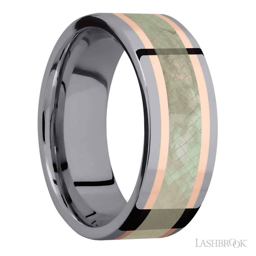 8 mm wide/Flat/Tantalum band featuring inlays of 14K Rose Gold and Freshwater Mother of Pearl. view 2