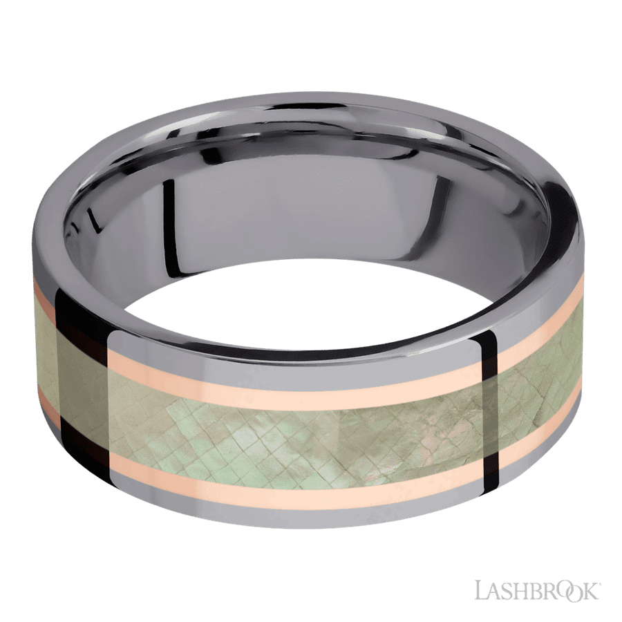 8 mm wide/Flat/Tantalum band featuring inlays of 14K Rose Gold and Freshwater Mother of Pearl. view 3