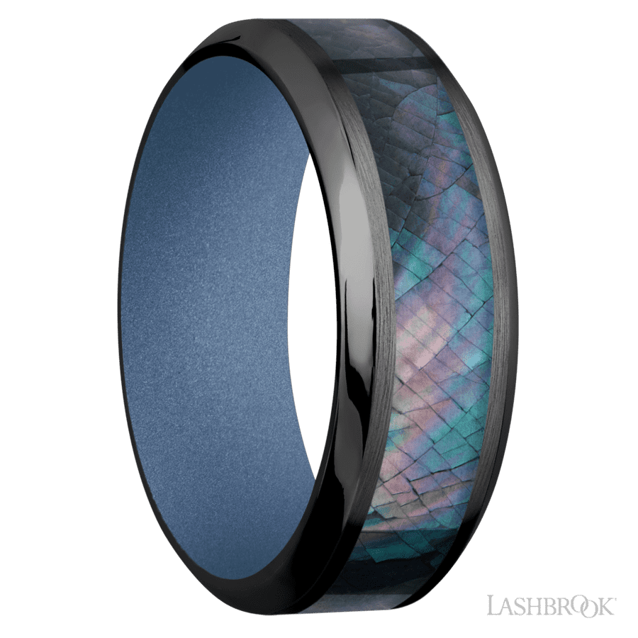 8 mm wide/High Bevel/Zirconium band with one 4 mm Centered inlay of Black Mother of Pearl also featuring a Crushed Orchid sleeve. view 2