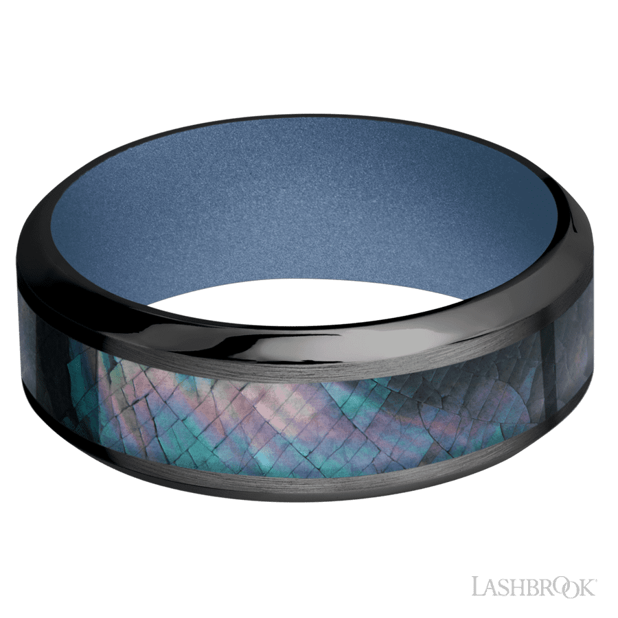 8 mm wide/High Bevel/Zirconium band with one 4 mm Centered inlay of Black Mother of Pearl also featuring a Crushed Orchid sleeve. view 3