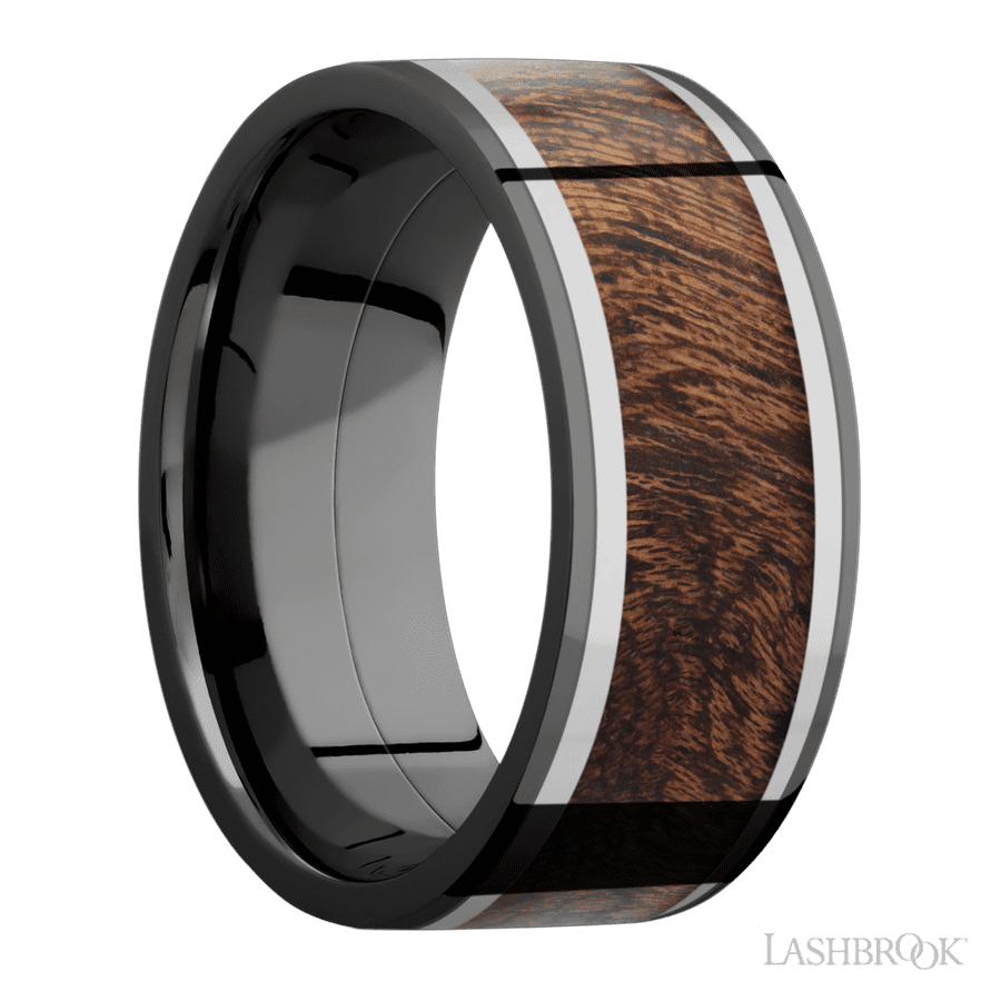 9 mm wide/Flat/Zirconium band featuring inlays of Titanium and Sapele. view 2