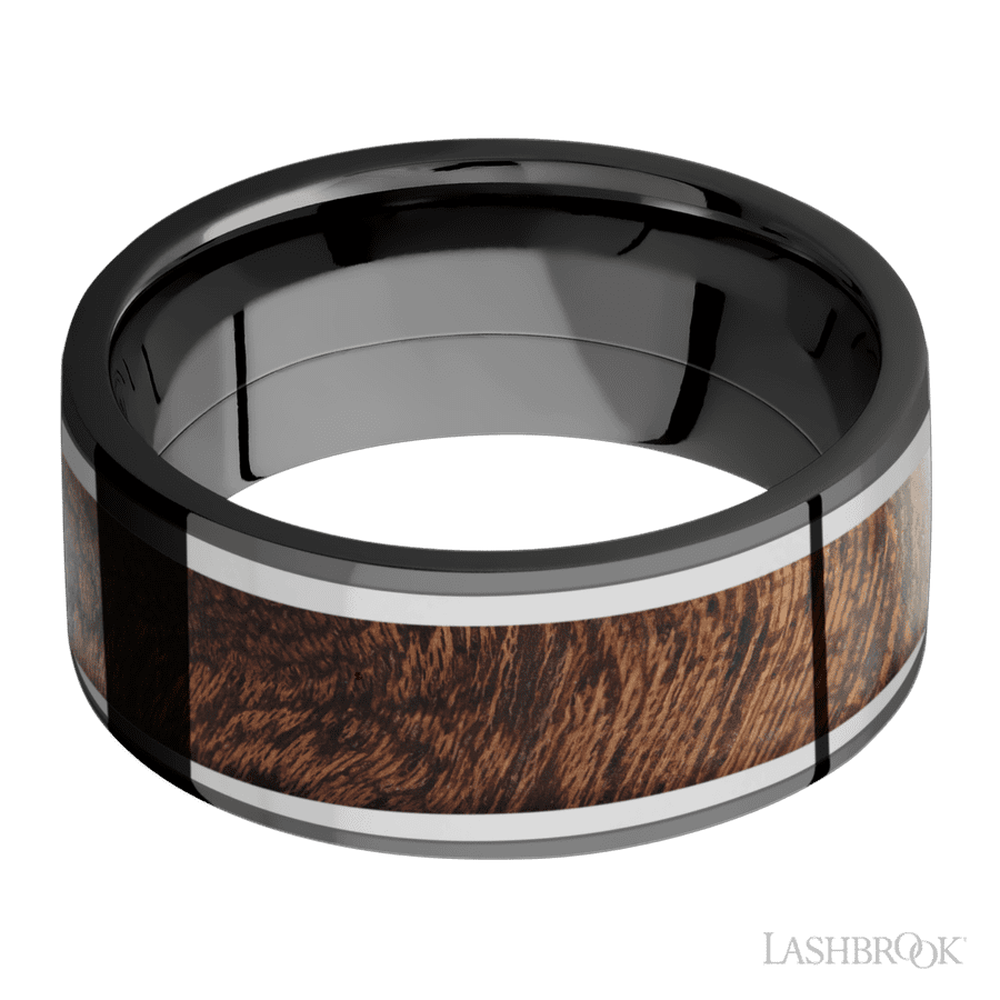 9 mm wide/Flat/Zirconium band featuring inlays of Titanium and Sapele. view 3