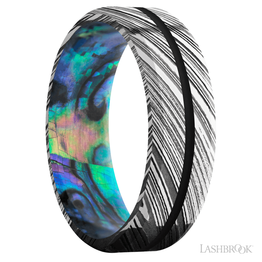 7 mm wide/Beveled/Woodgrain band with one 1 mm Centered inlay of Black also featuring a Abalone sleeve. view 2