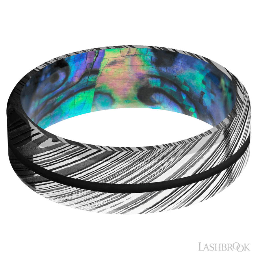7 mm wide/Beveled/Woodgrain band with one 1 mm Centered inlay of Black also featuring a Abalone sleeve. view 3