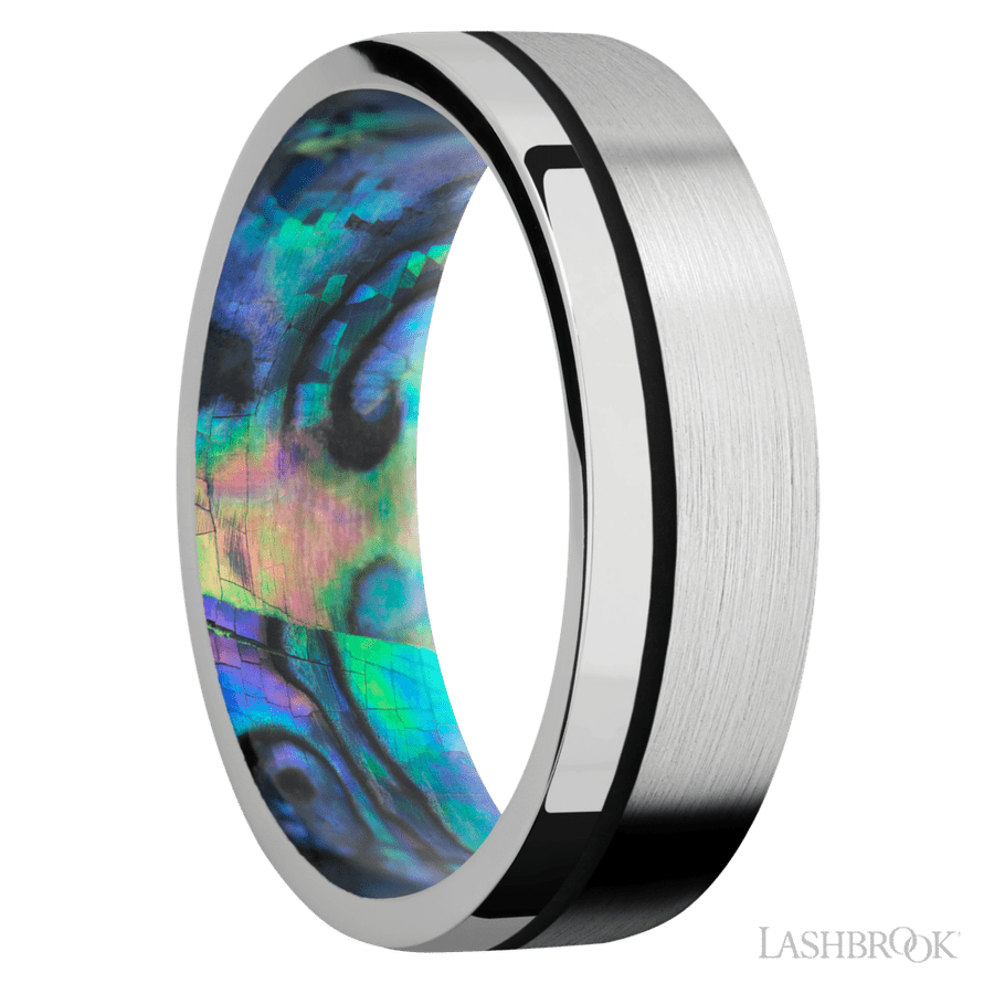 7 mm wide/Flat/14K White Gold band with one 0.5 mm Off Center inlay of Black also featuring a Abalone sleeve. view 2