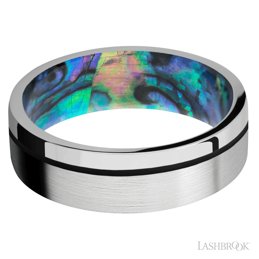 7 mm wide/Flat/14K White Gold band with one 0.5 mm Off Center inlay of Black also featuring a Abalone sleeve. view 3