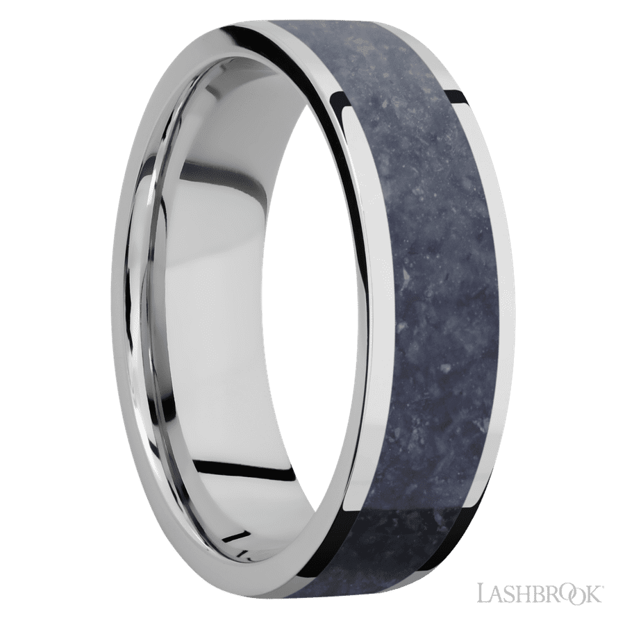 7 mm wide/Flat/Cobalt Chrome band with one 5 mm Centered inlay of Sodalite. view 2