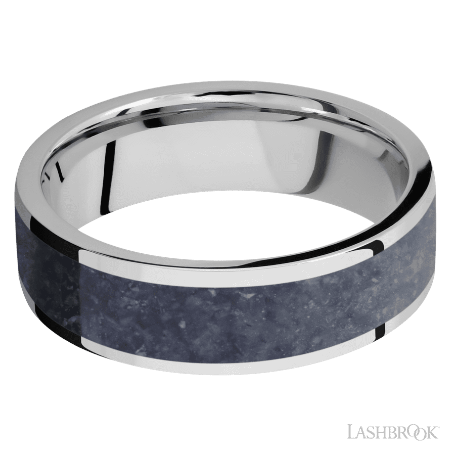 7 mm wide/Flat/Cobalt Chrome band with one 5 mm Centered inlay of Sodalite. view 3