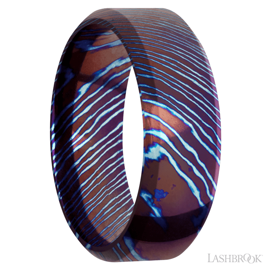8 mm wide High Bevel Titanium Damascus band. view 2