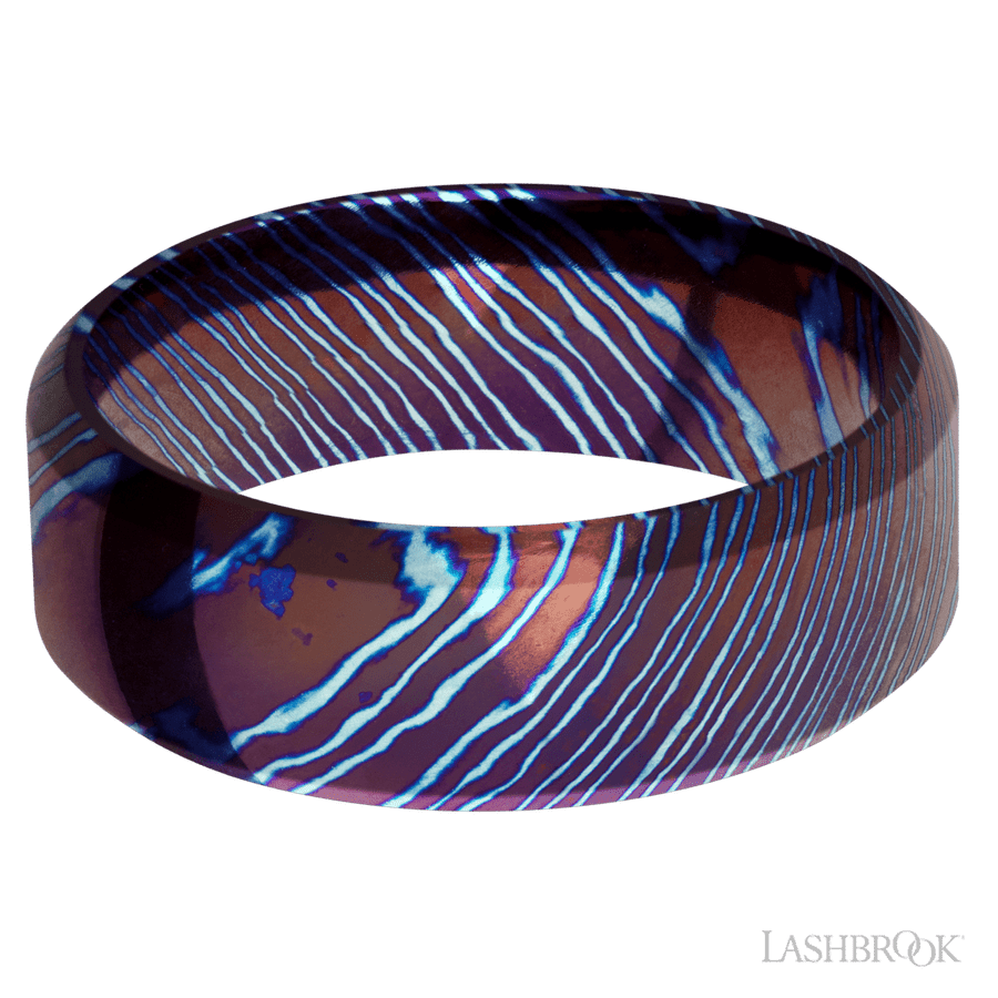8 mm wide High Bevel Titanium Damascus band. view 3