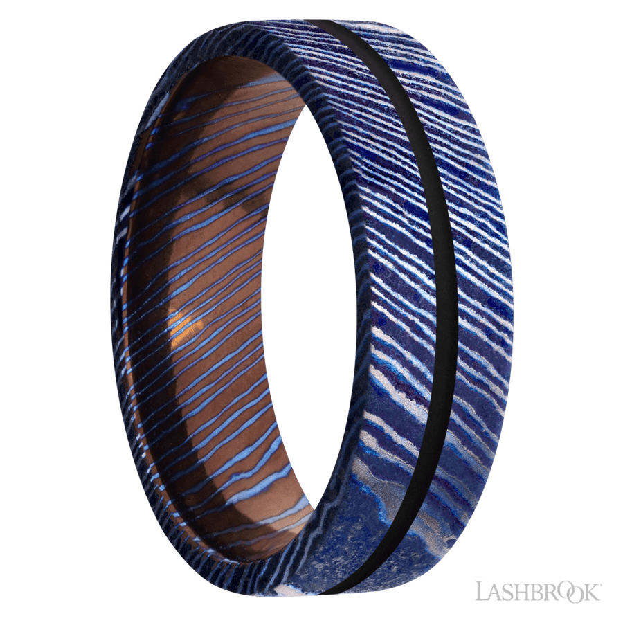 7 mm wide/Flat/Titanium Damascus band with one 1 mm Centered inlay of Black. view 2