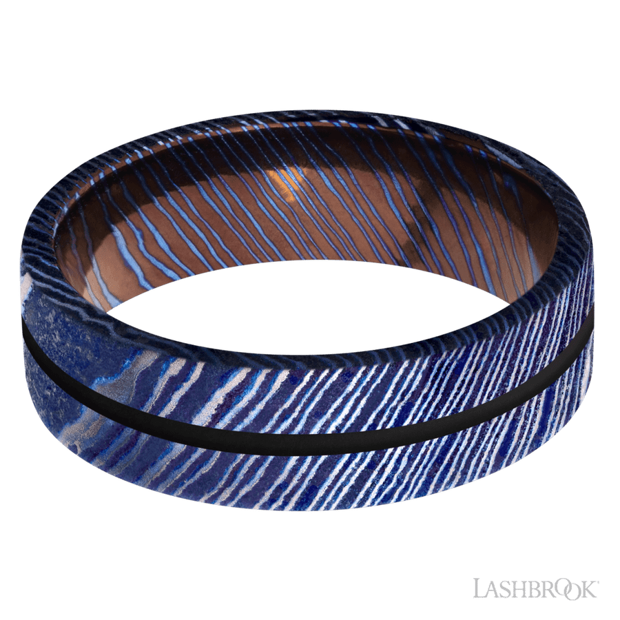 7 mm wide/Flat/Titanium Damascus band with one 1 mm Centered inlay of Black. view 3