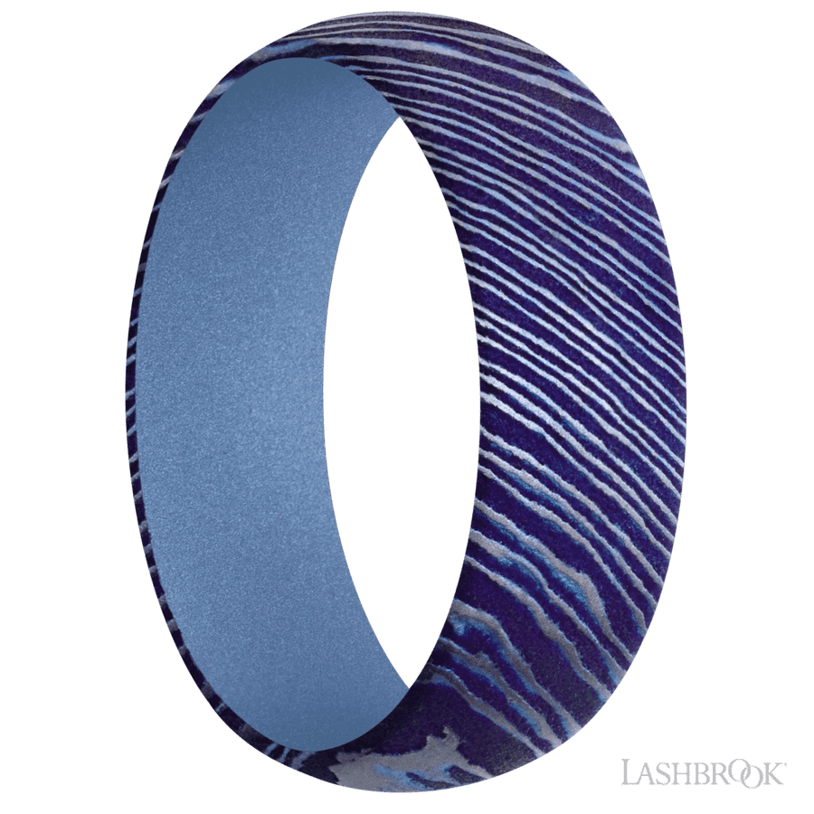 7 mm wide Domed Titanium Damascus band featuring a Crushed Orchid sleeve. view 2