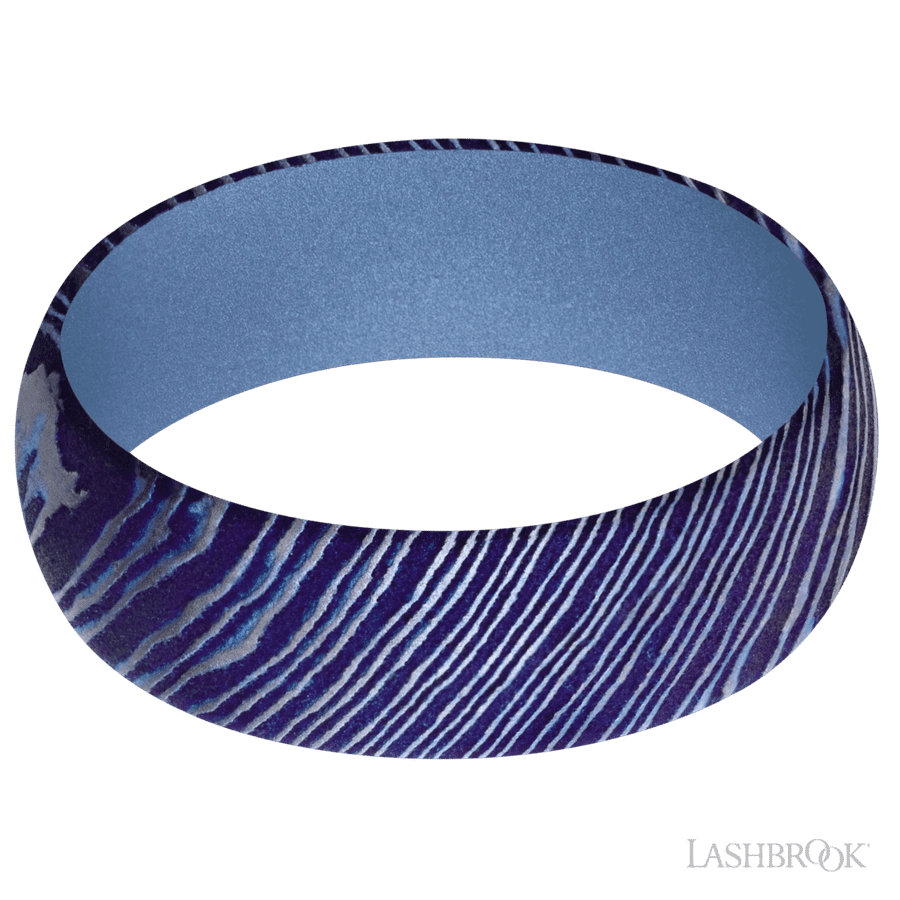7 mm wide Domed Titanium Damascus band featuring a Crushed Orchid sleeve. view 3