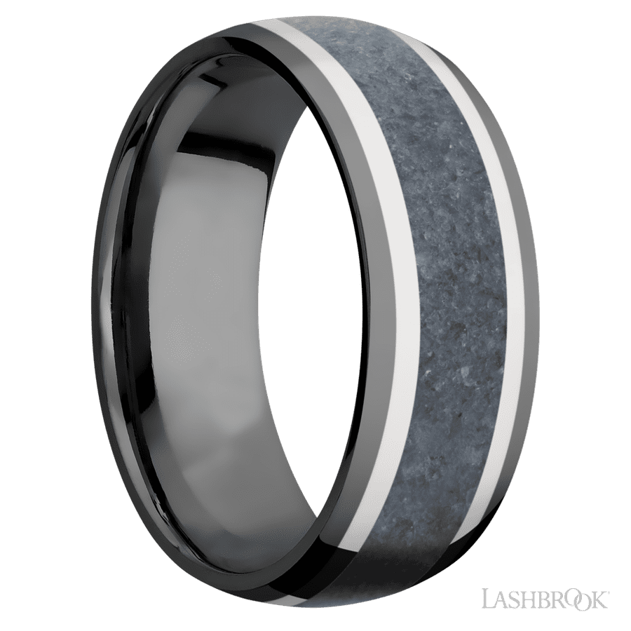 8 mm wide/Domed/Zirconium band featuring inlays of 14K White Gold and Blue Sapphire. view 2
