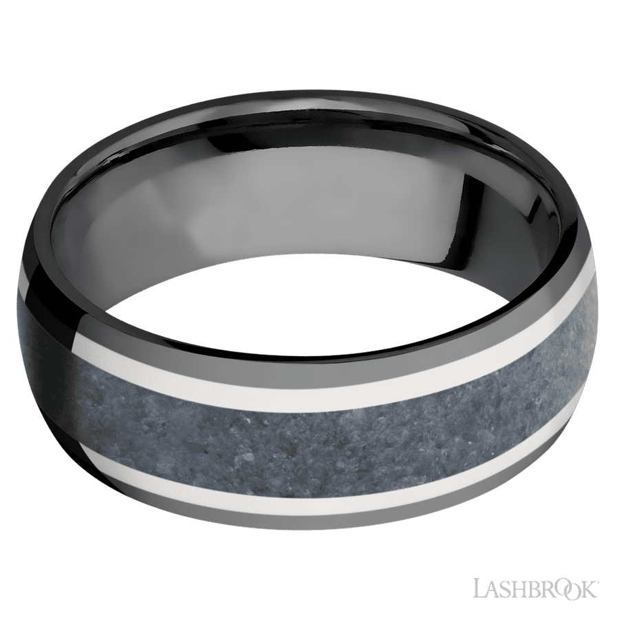 8 mm wide/Domed/Zirconium band featuring inlays of 14K White Gold and Blue Sapphire. view 3