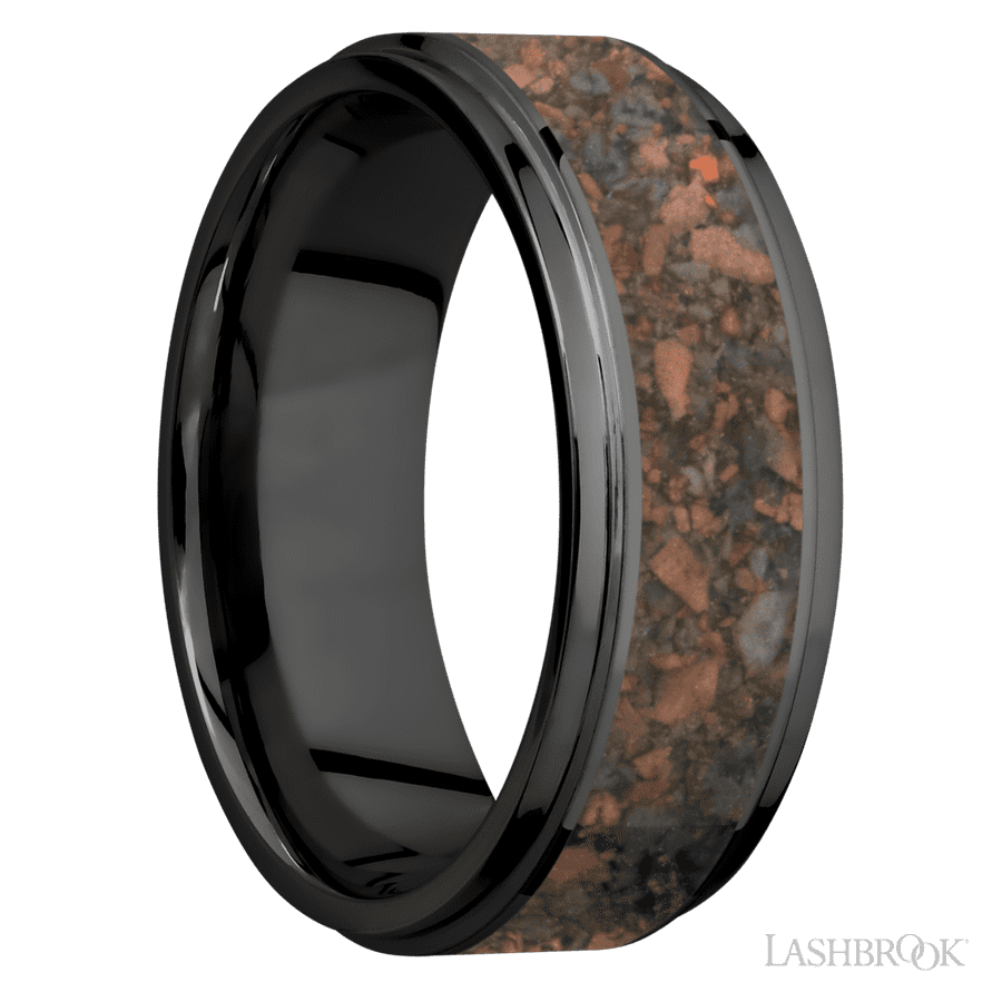 8 mm wide/Flat Grooved Edges/Zirconium band with one 5 mm Centered inlay of Desert Jasper. view 2