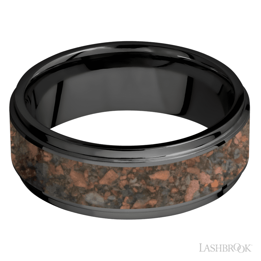 8 mm wide/Flat Grooved Edges/Zirconium band with one 5 mm Centered inlay of Desert Jasper. view 3