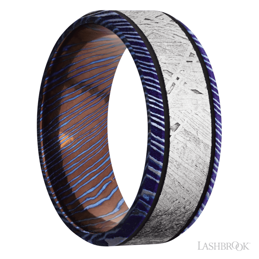 8 mm wide/Beveled/Titanium Damascus band with one 5 mm Centered inlay of Meteorite. view 2