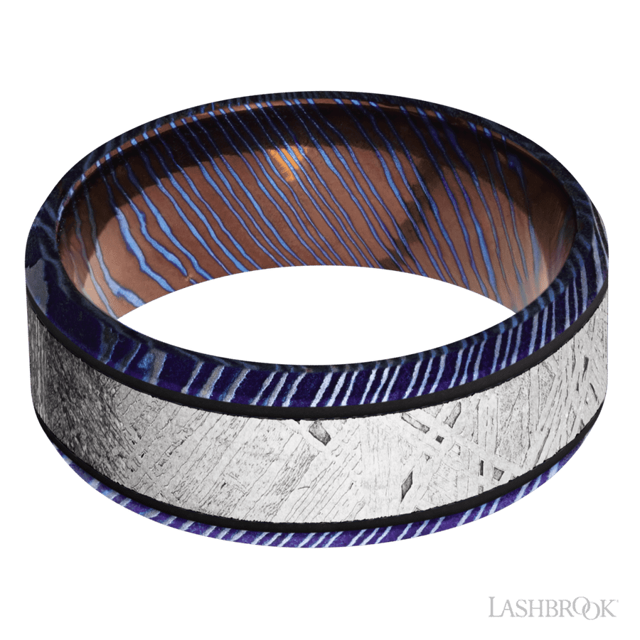 8 mm wide/Beveled/Titanium Damascus band with one 5 mm Centered inlay of Meteorite. view 3