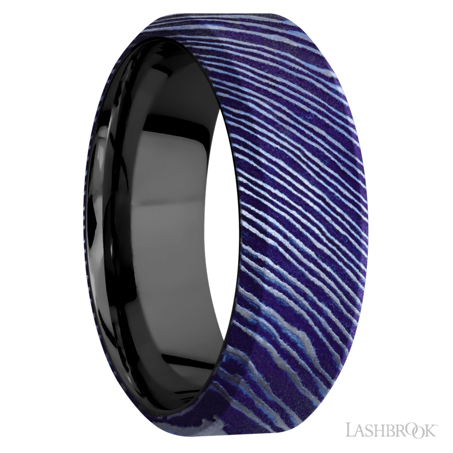 8 mm wide High Bevel Titanium Damascus band featuring a Zirconium sleeve. view 2