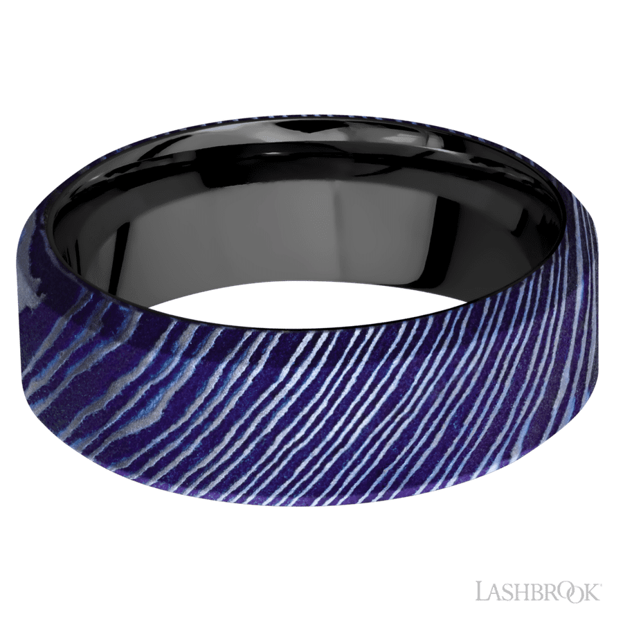 8 mm wide High Bevel Titanium Damascus band featuring a Zirconium sleeve. view 3