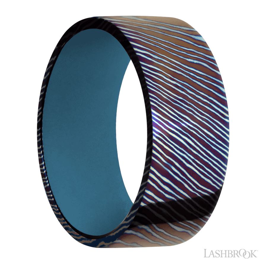 9 mm wide Flat Titanium Damascus band featuring a Royal Blue sleeve. view 2
