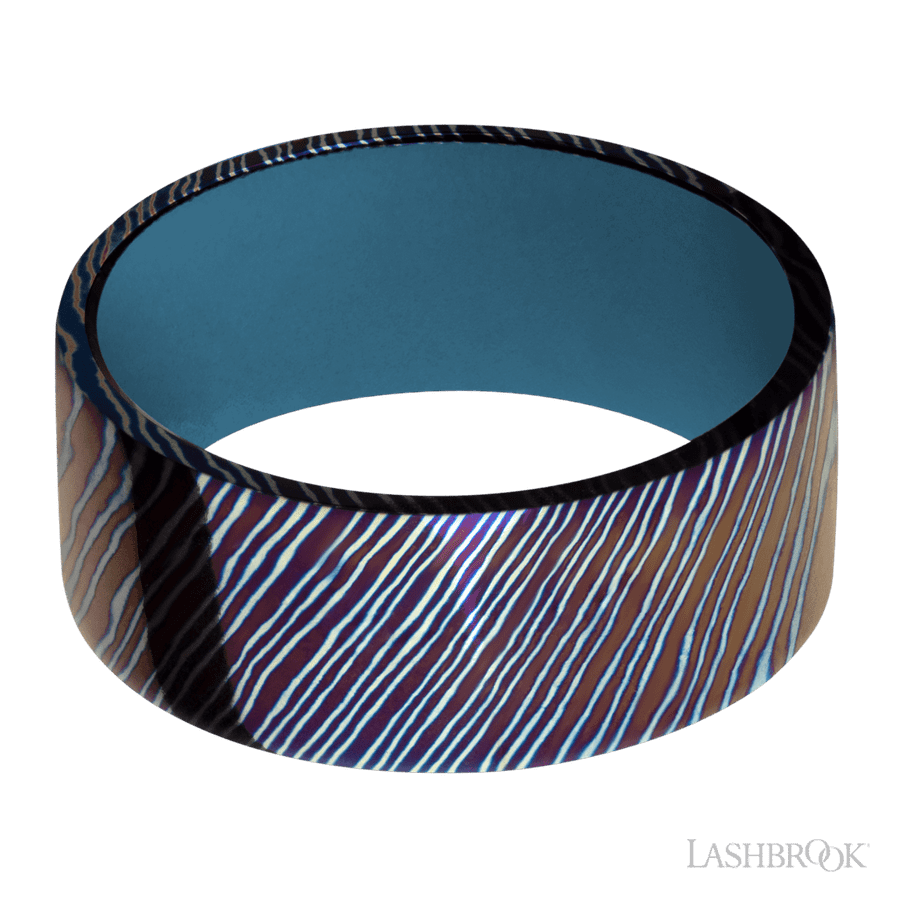 9 mm wide Flat Titanium Damascus band featuring a Royal Blue sleeve. view 3