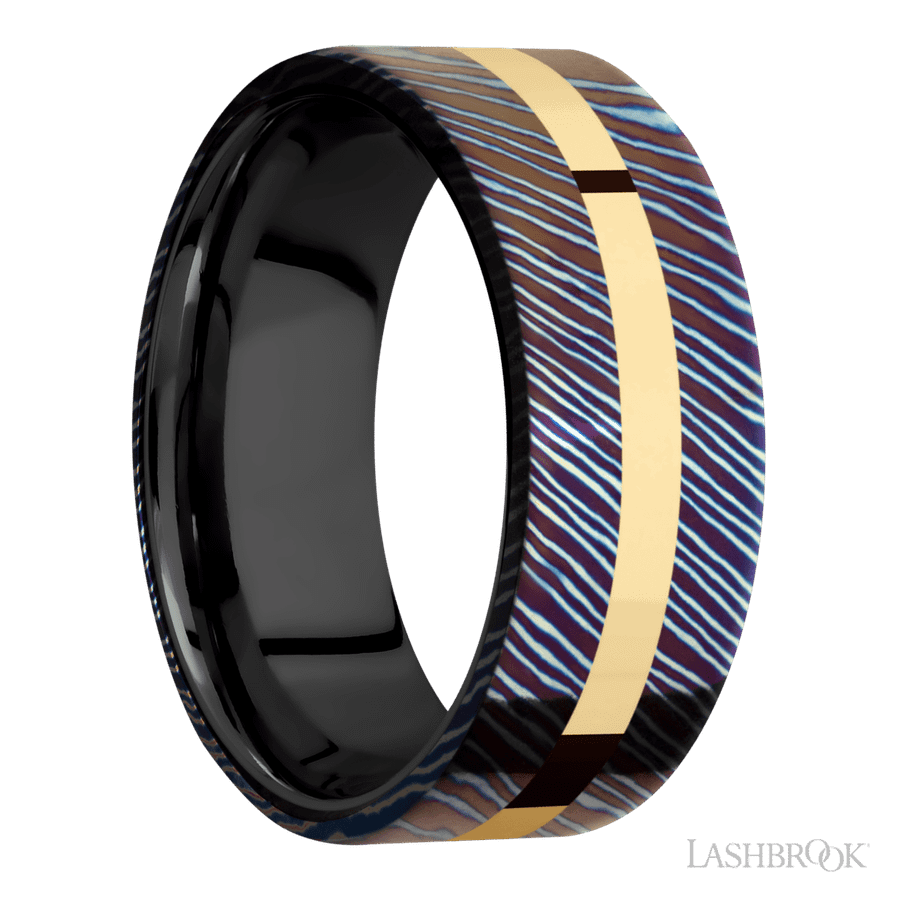 8 mm wide/Flat/Titanium Damascus band with one 2 mm Centered inlay of 14K Yellow Gold also featuring a Zirconium sleeve. view 2