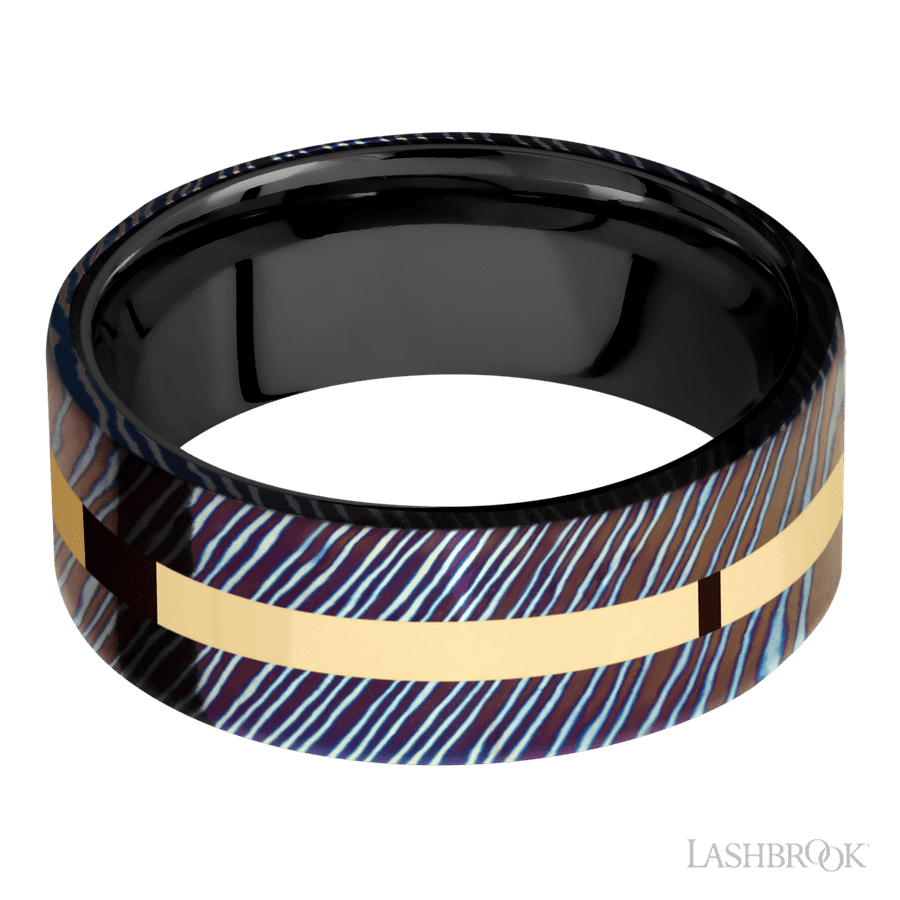 8 mm wide/Flat/Titanium Damascus band with one 2 mm Centered inlay of 14K Yellow Gold also featuring a Zirconium sleeve. view 3
