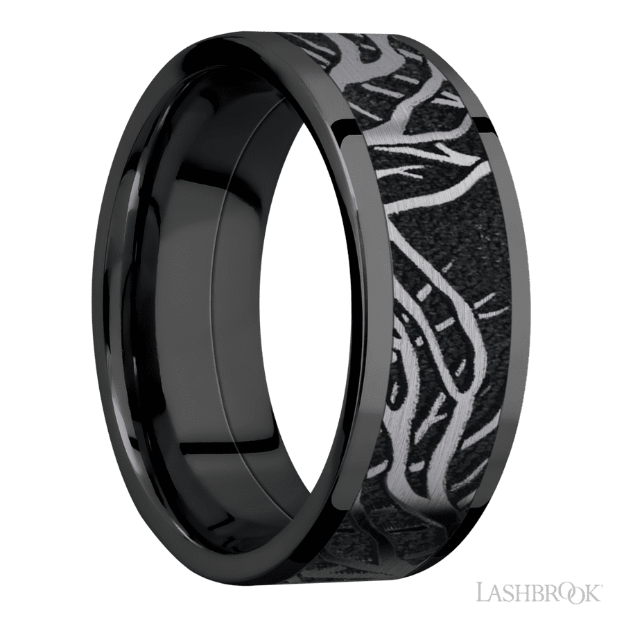8 mm wide/Flat/Zirconium band with one 6 mm Centered inlay of Tantalum with a laser carved Branches pattern. view 2